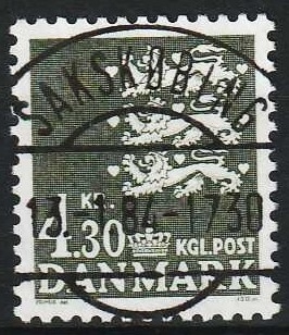 FRIMÆRKER DANMARK | 1984 - AFA 793 - Rigsvåben 4,30 Kr. sortgrøn - Lux Stemplet Sakskøbing (Pragtmærke) sjælden